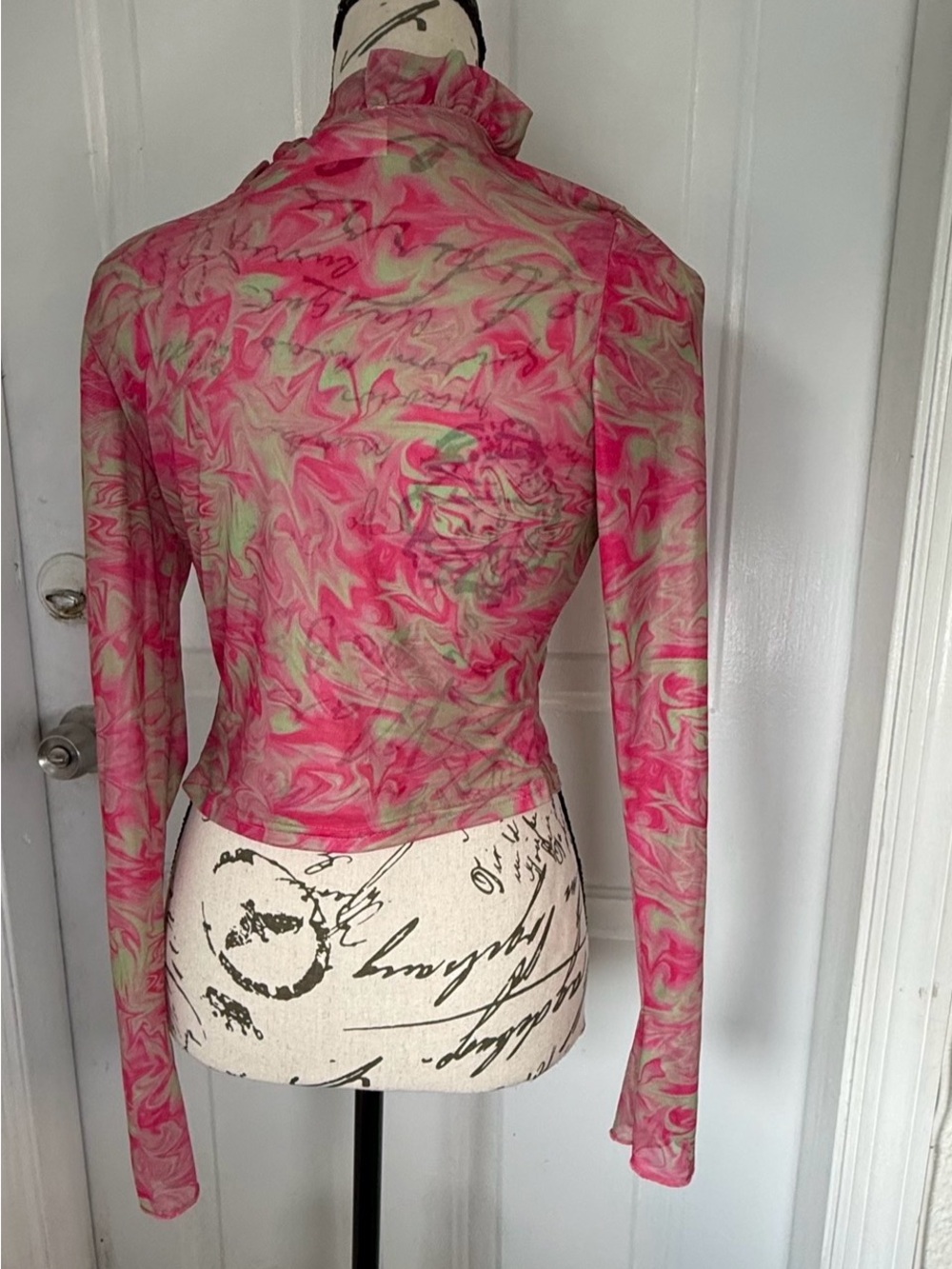 New Pink Y2K Style Pink & Green Abstract Marble Mesh Tie-Front Cardigan Top M - Picture 5 of 9